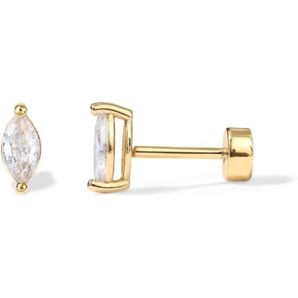 14K Gold Plated Solid 925 Sterling Silver Post Cubic Zirconia Flat Back Earrings - Picture 7 of 7